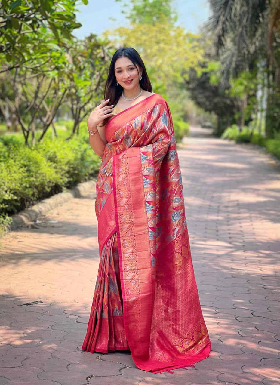 Women's Luxurious Pista Green & Pink Art Silk Saree with Intricate Leaf Weave & Broad Zari Border β Ideal for Festive & Wedding Occasions - Image 4
