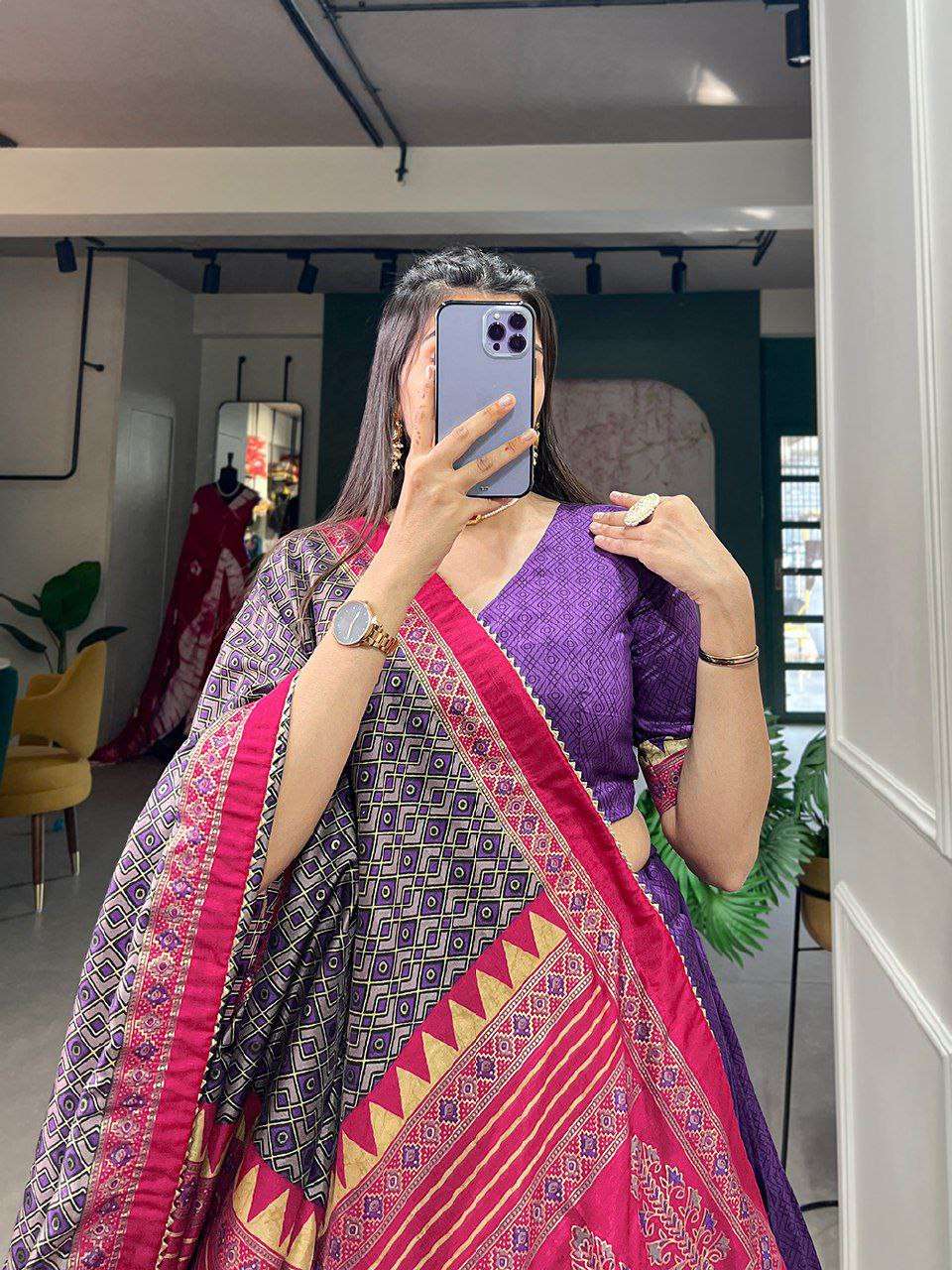 Women's Stitched Ethnic Lehenga Choli with Zari Border and Contrast Dupatta - Image 3